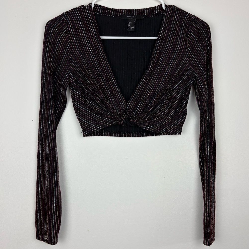 Forever 21 Black Metallic Stripe Twist-Front Crop Top size Small festival rave